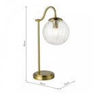 Table lamp with dimensions shown, featuring a brass finish and a clear ribbed glass shade.
