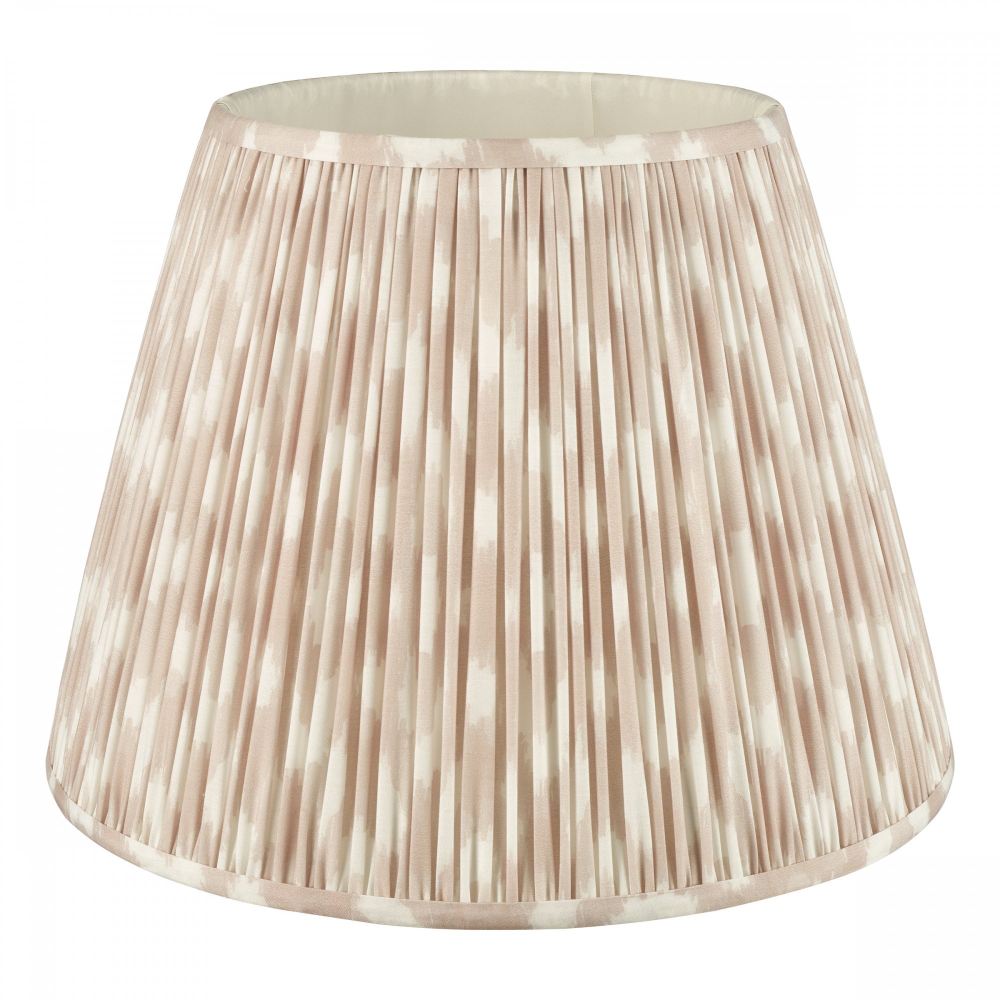 A white and beige pleated tapered drum lamp shade for table lamps or floor lamps.