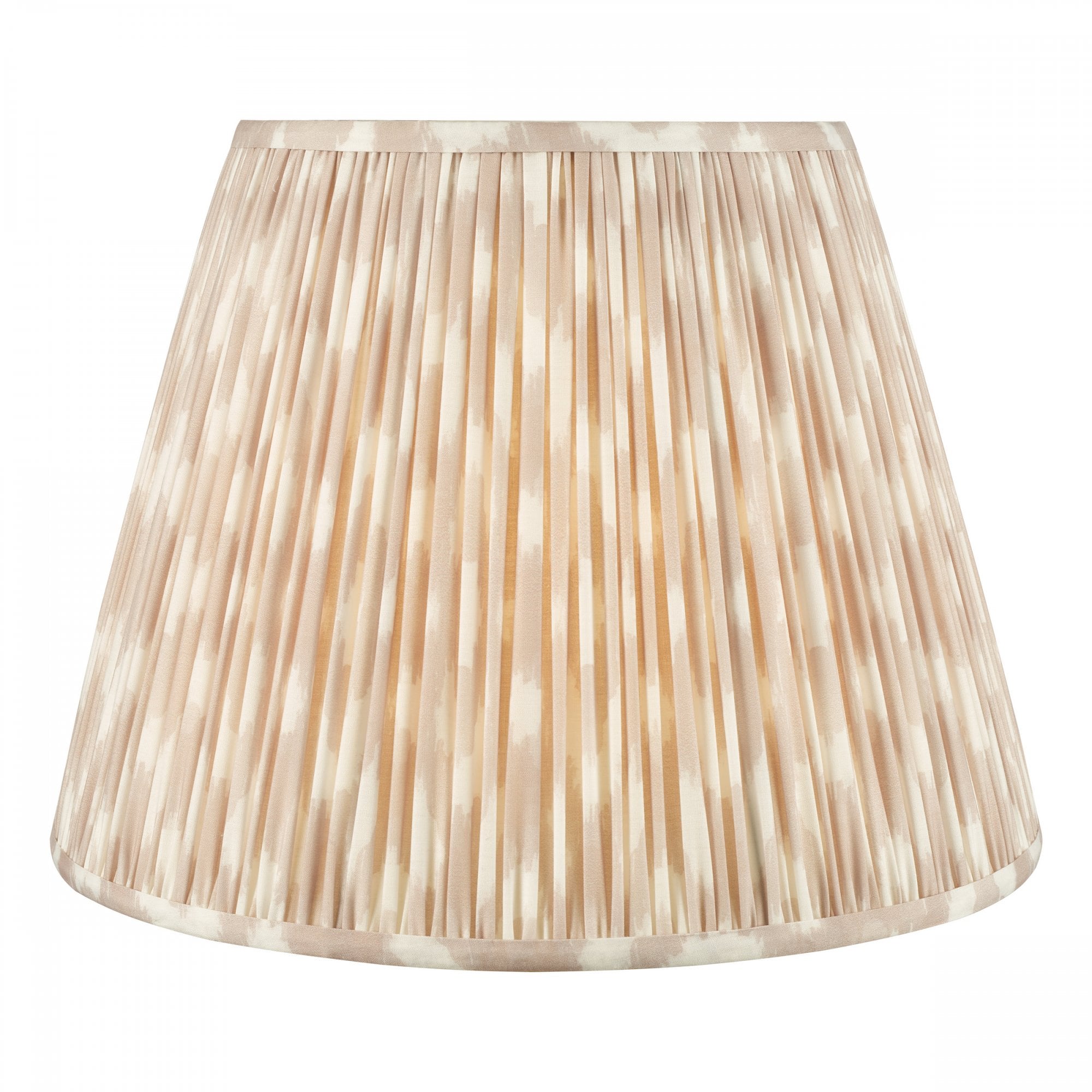 A white and beige pleated tapered drum lamp shade for table lamps or floor lamps.