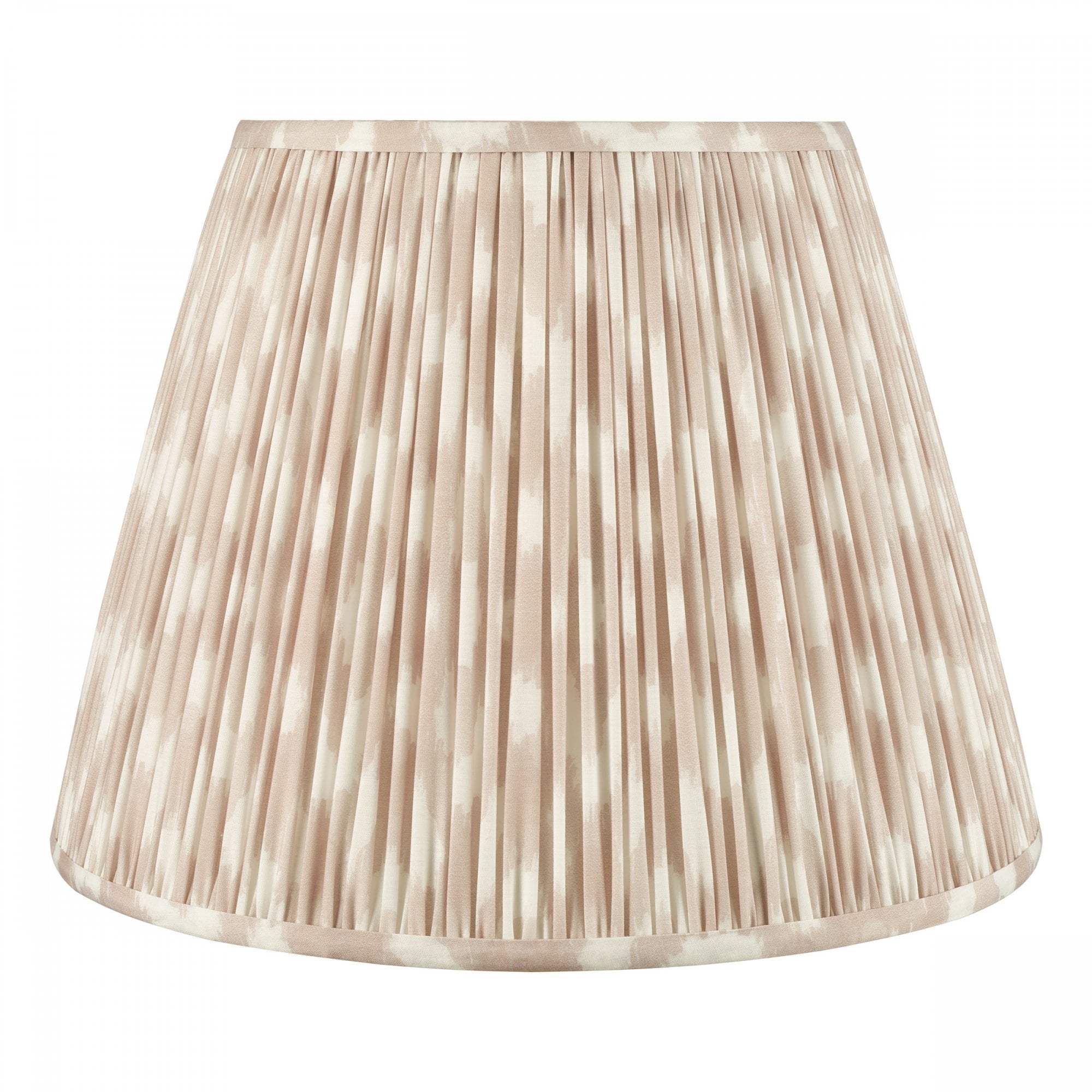 A white and beige pleated tapered drum lamp shade for table lamps or floor lamps.