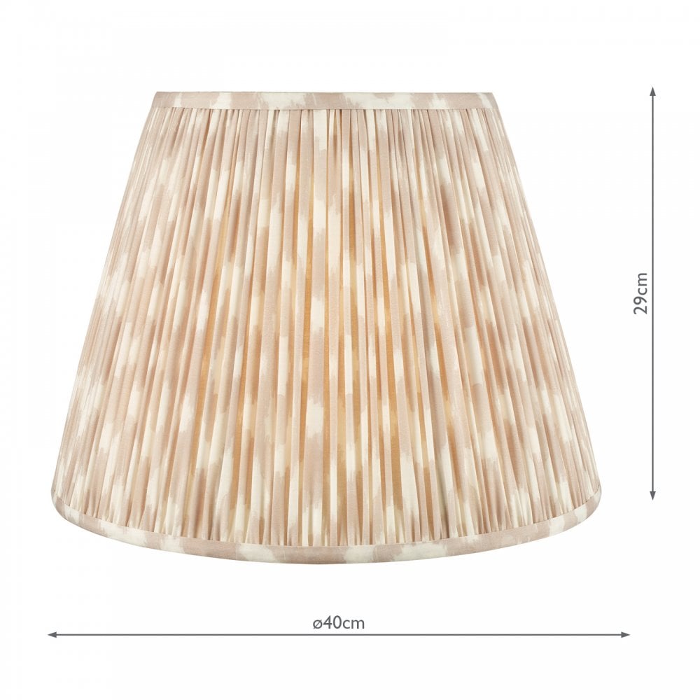 A white and beige pleated tapered drum lamp shade with a 40cm diameter and 29cm height.