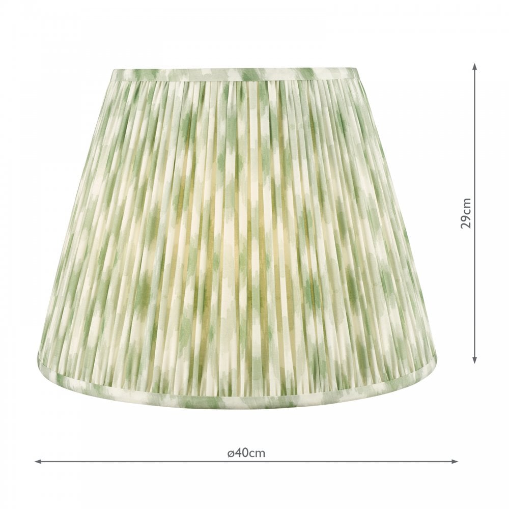 Green and white pleated lampshade with dimensions 40cm wide and 29cm high.