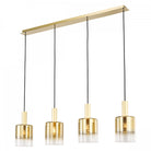 Four gold and clear glass pendant lights suspended from a rectangular gold bar.