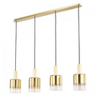 Four gold and clear glass pendant lights hanging from a rectangular gold fixture.