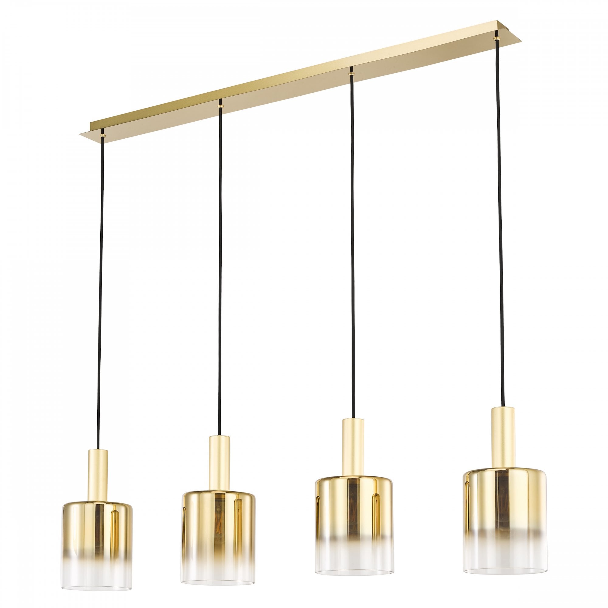 Four gold and clear glass pendant lights hanging from a rectangular gold fixture.