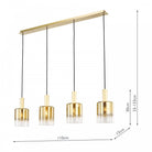 Four gold and clear glass pendant lights with dimensions indicated on a white background.