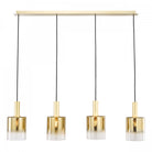 Front view of four gold and clear glass pendant lights with black cords.