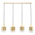 Four gold and clear glass pendant lights hanging from a rectangular ceiling plate.