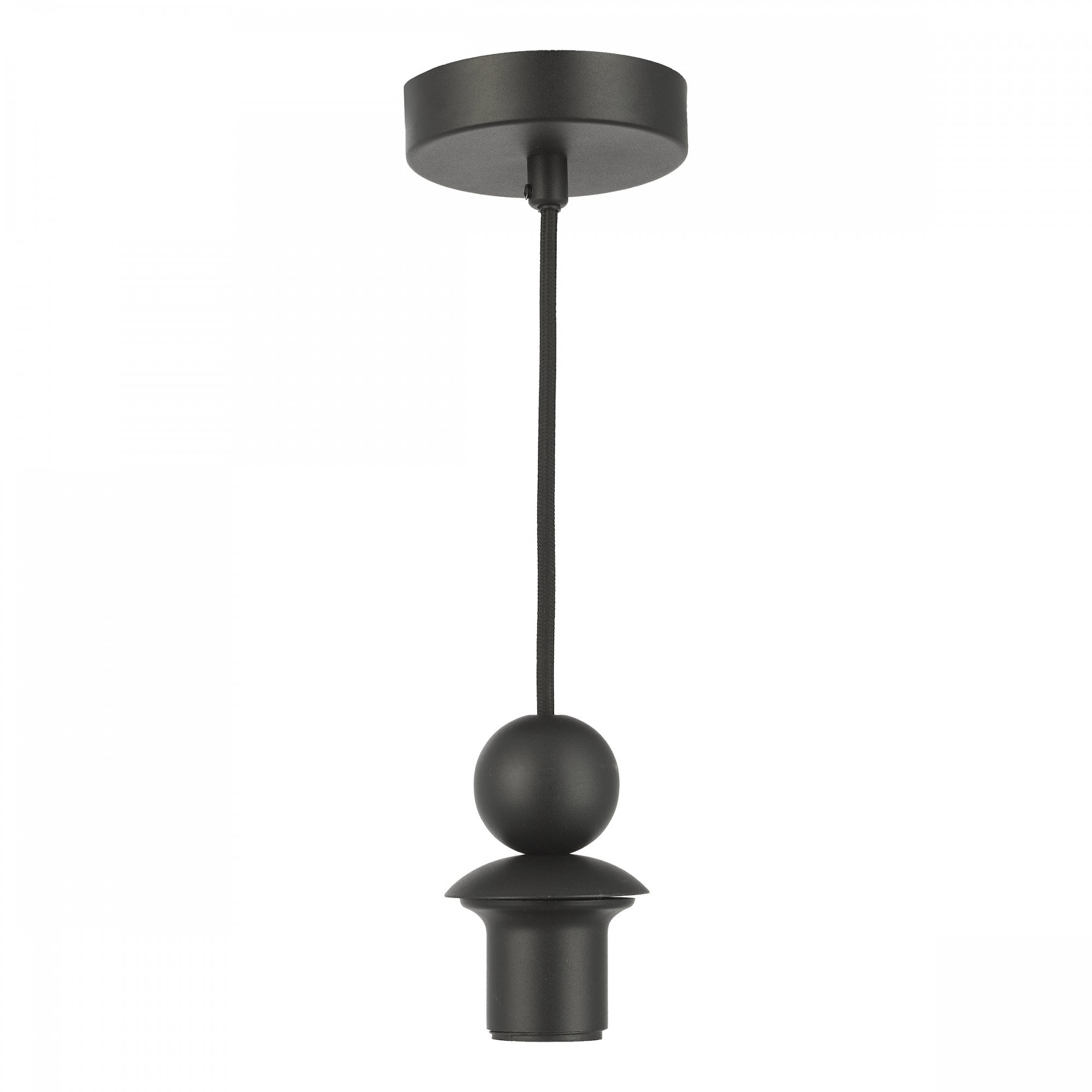 A modern black ceiling pendant fitting with a decorative spherical element.