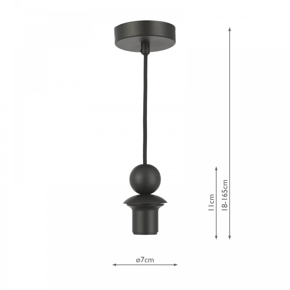 A modern black ceiling pendant fitting with a decorative spherical element and dimensions.