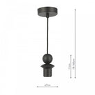 A modern black ceiling pendant fitting with a decorative spherical element and dimensions.