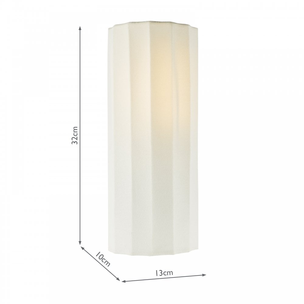 Dimensions of a white fluted wall light, measuring 32cm high, 10cm deep, 13cm wide.