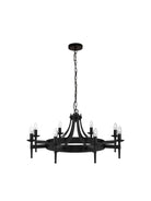 A black, round chandelier with eight candle-style lights on a white background.