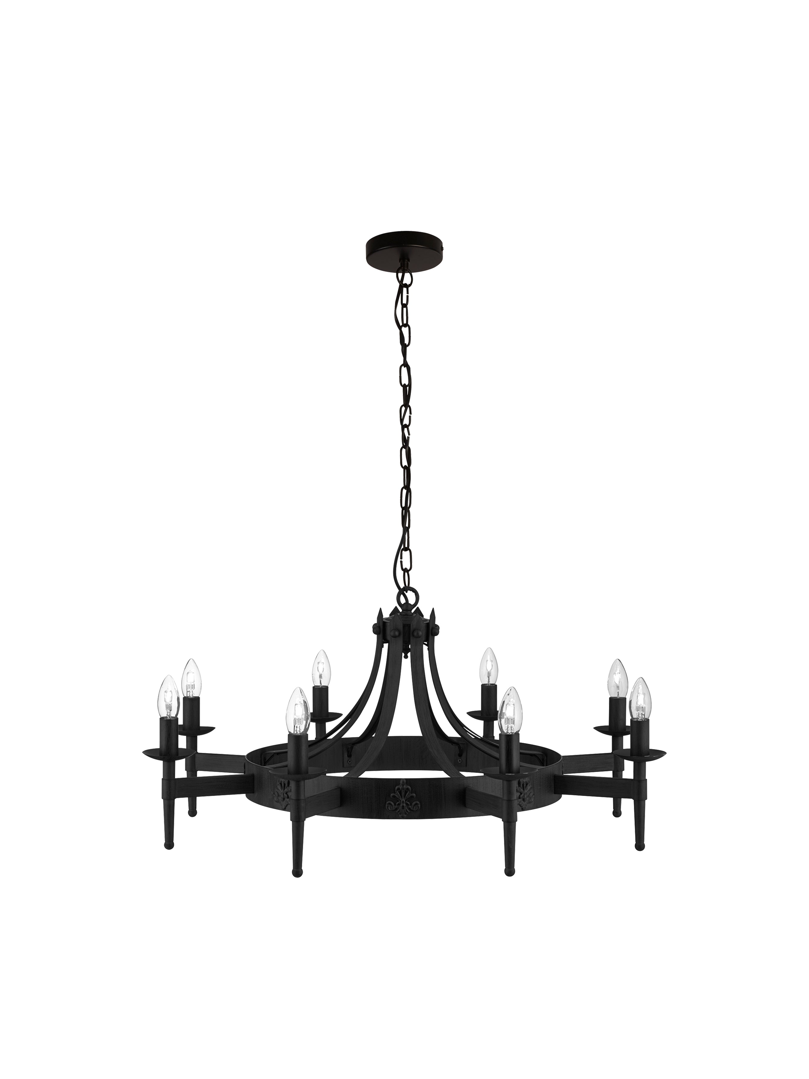 A black, round chandelier with eight candle-style lights on a white background.