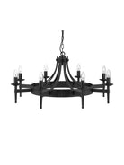 A black, round chandelier with eight candle-style lights, viewed from a slightly lower angle.