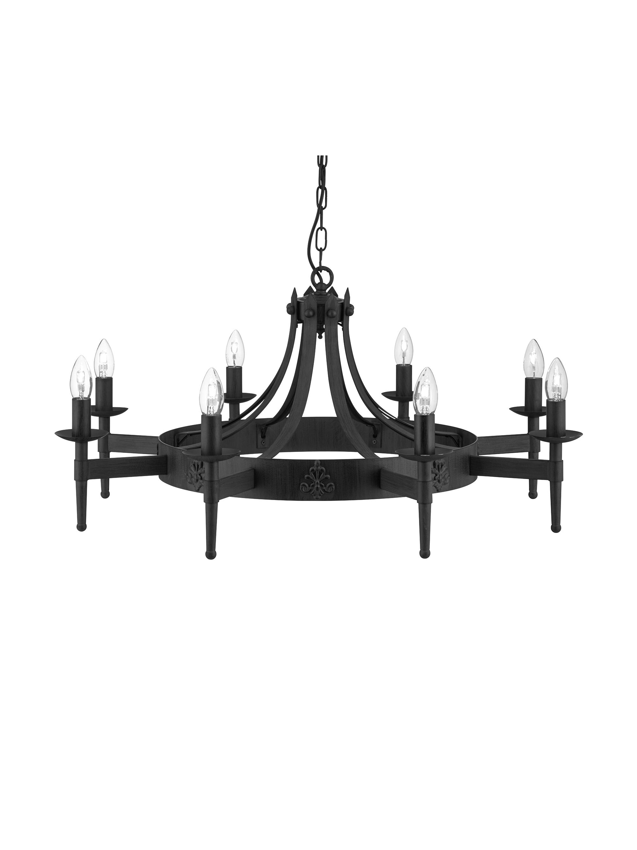 A black, round chandelier with eight candle-style lights, viewed from a slightly lower angle.