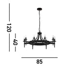 A black, round chandelier with eight candle-style lights, showing measurements of 120, 40, and 85.
