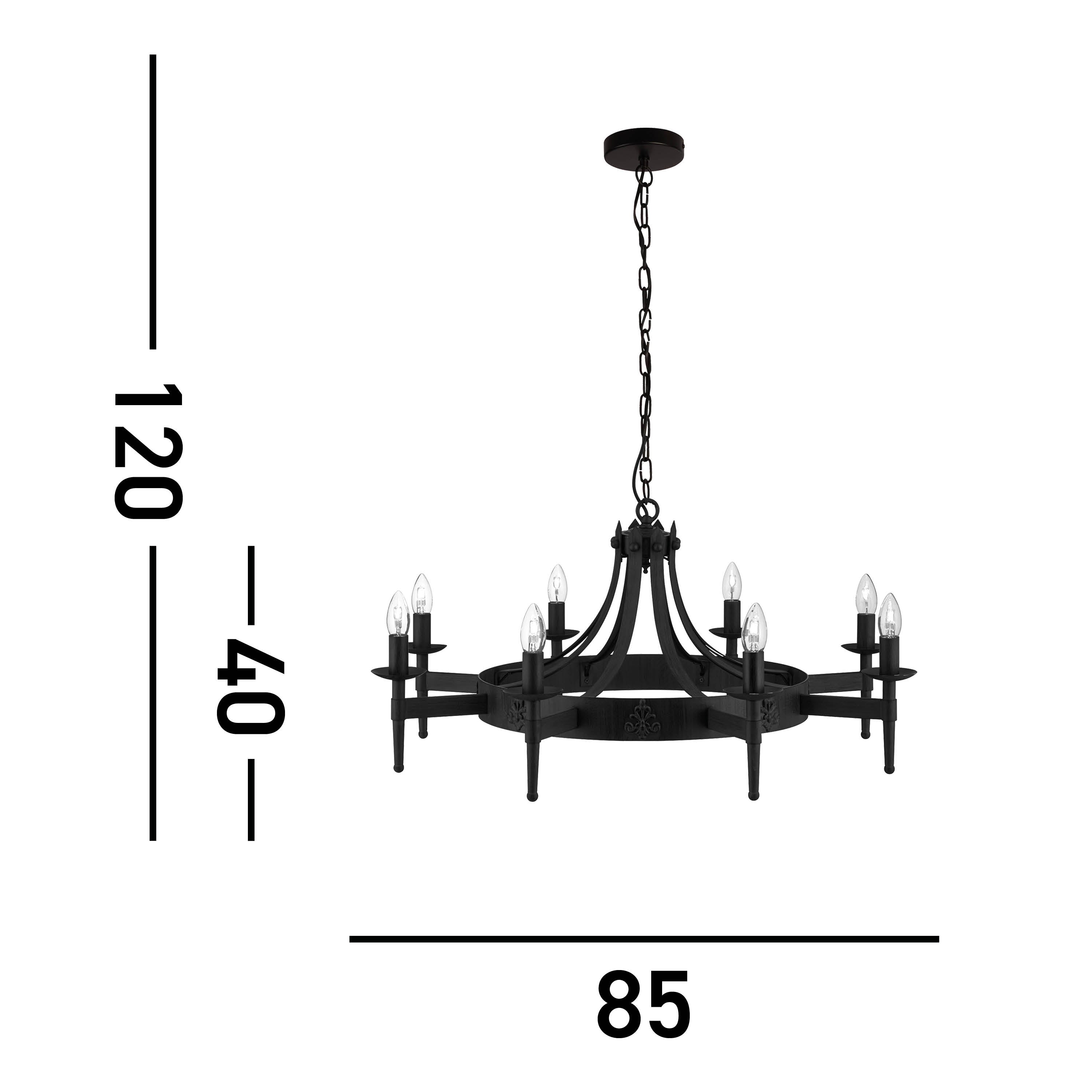 A black, round chandelier with eight candle-style lights, showing measurements of 120, 40, and 85.
