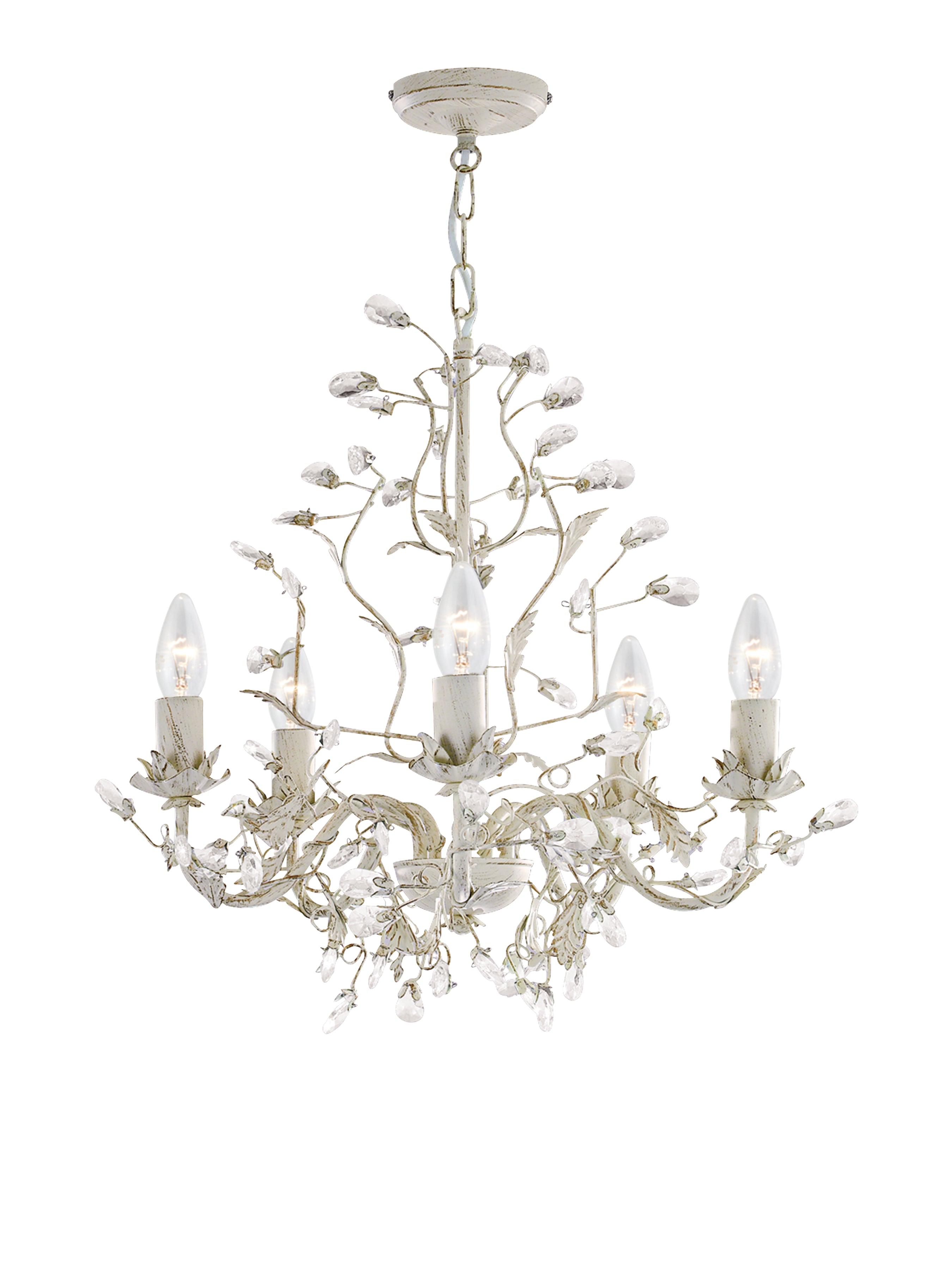 A white and crystal chandelier with five lights, perfect for elegant interior decor.