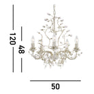 A white and crystal chandelier with dimensions showing its height and width.