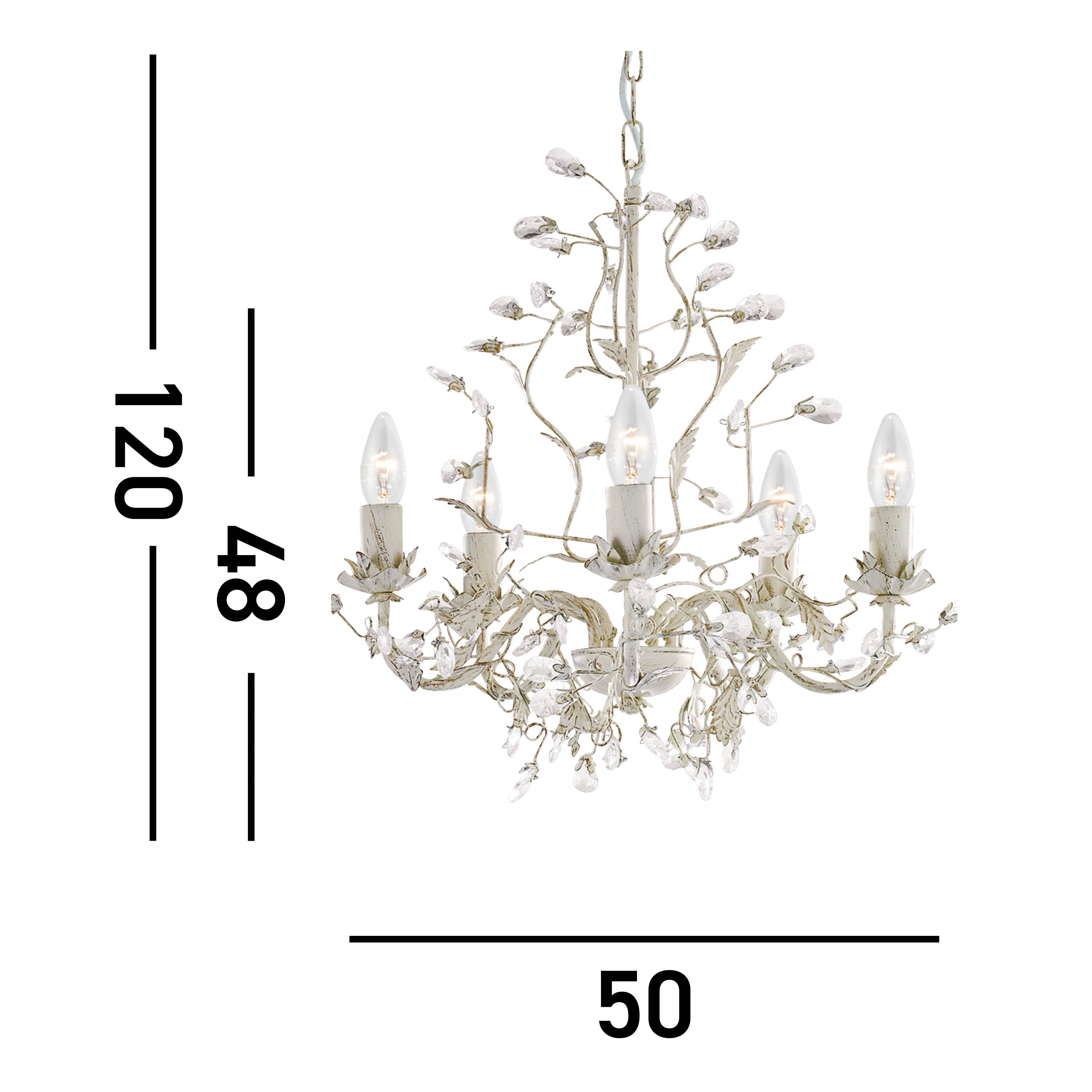 A white and crystal chandelier with dimensions showing its height and width.