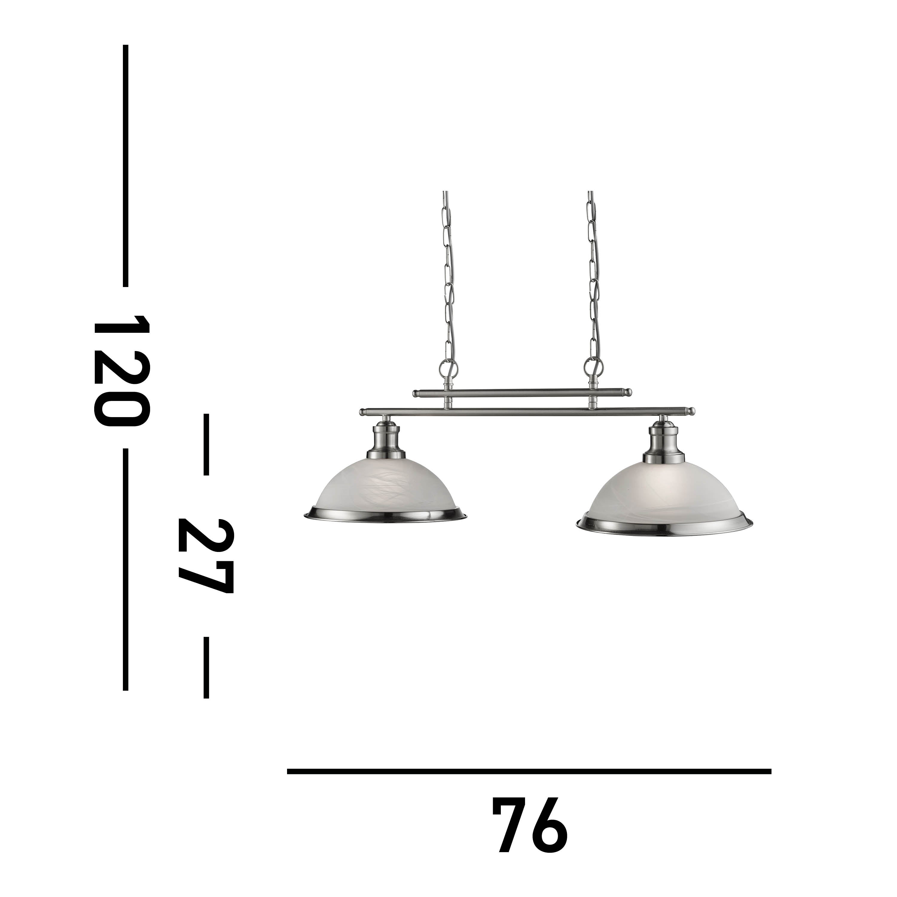 Diagram showing the dimensions of the two-light brushed nickel pendant fixture.