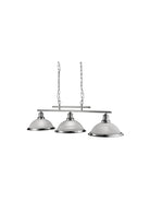 A white and silver three-light billiard pendant light fixture hangs on a white background.