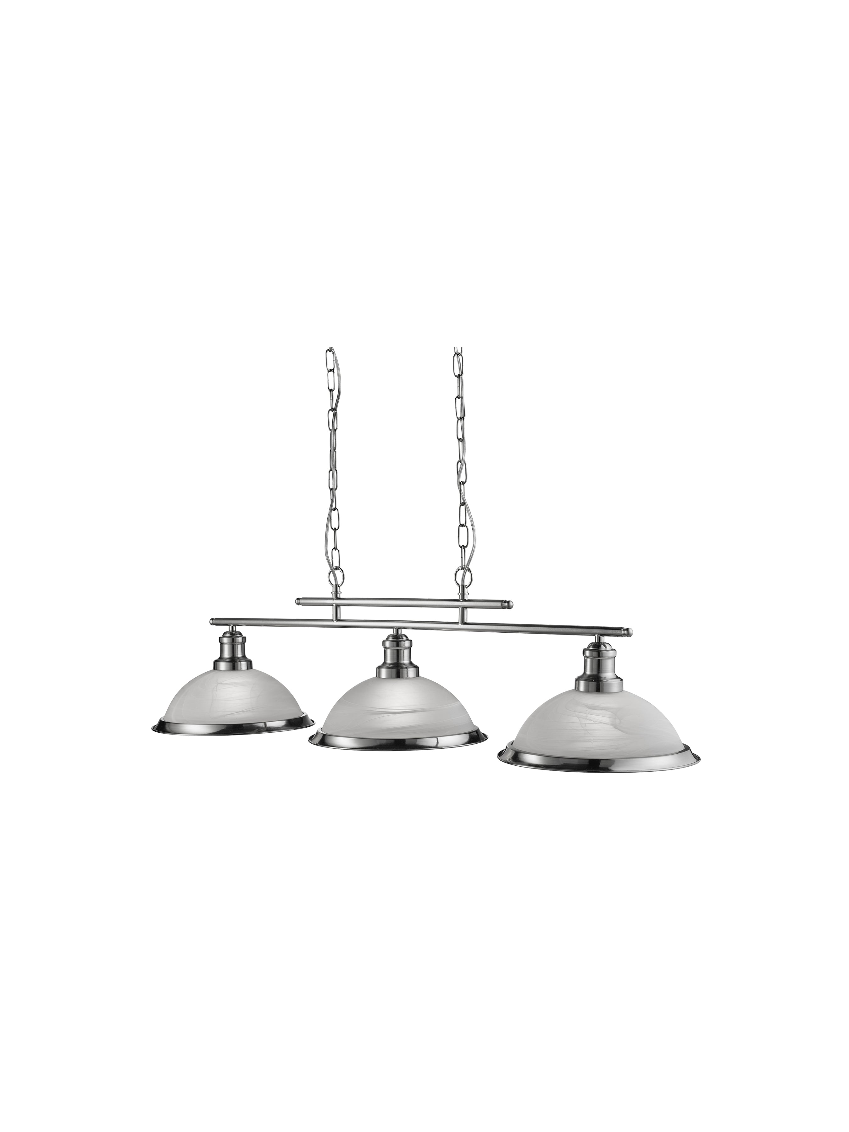 A white and silver three-light billiard pendant light fixture hangs on a white background.