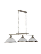 A white and silver three-light billiard pendant light fixture hangs on a white background.