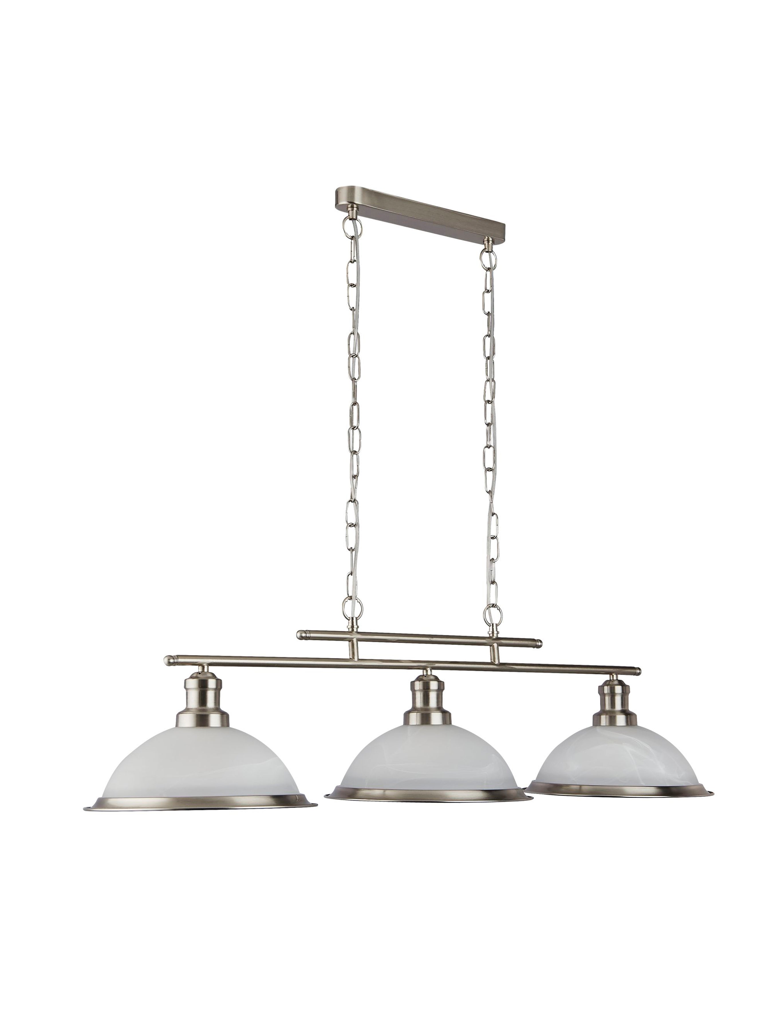 A white and silver three-light billiard pendant light fixture hangs on a white background.