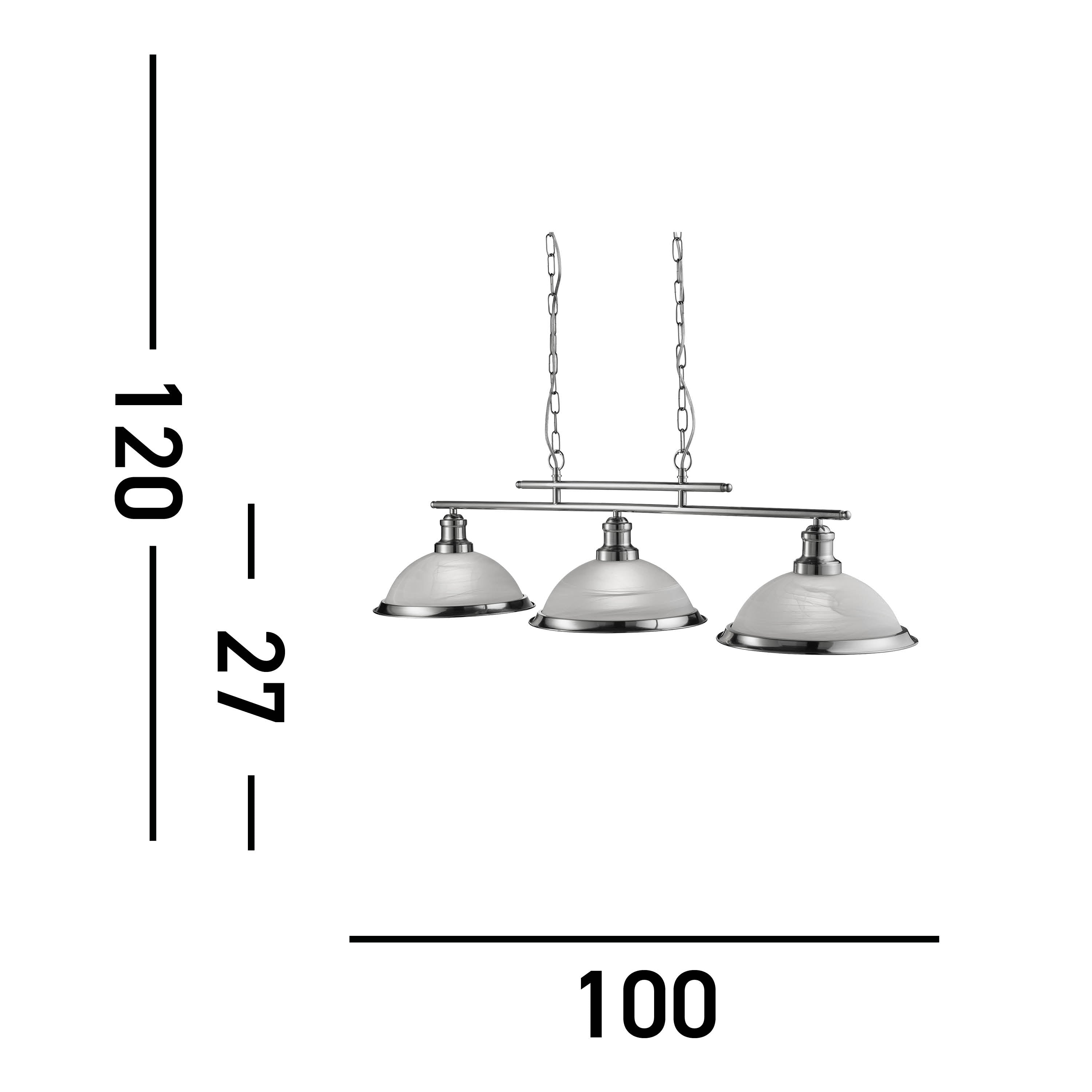 A white and silver three-light billiard pendant light fixture with dimensions listed.