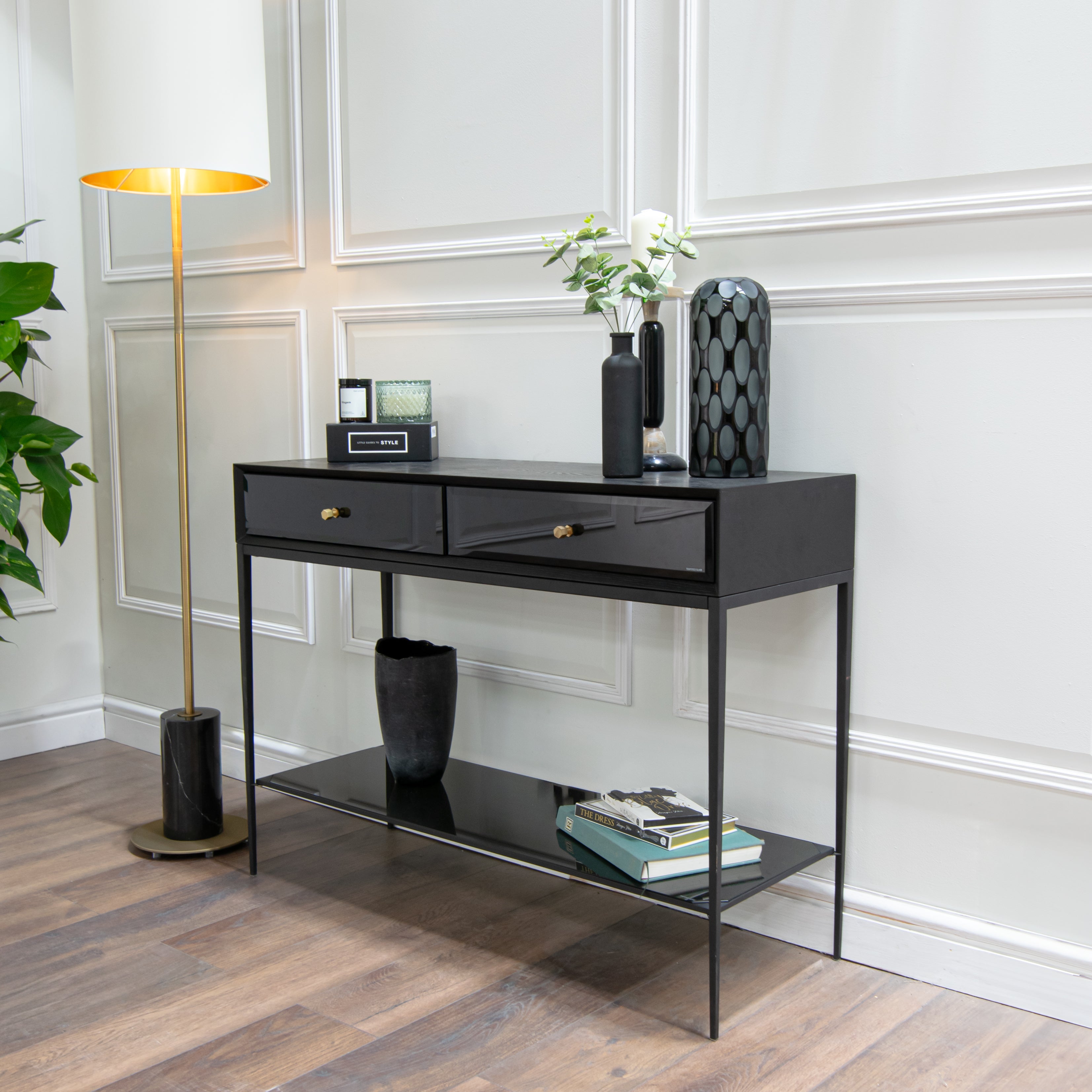 Finola Matt Black & Antique Brass Console Table by RV Astley
