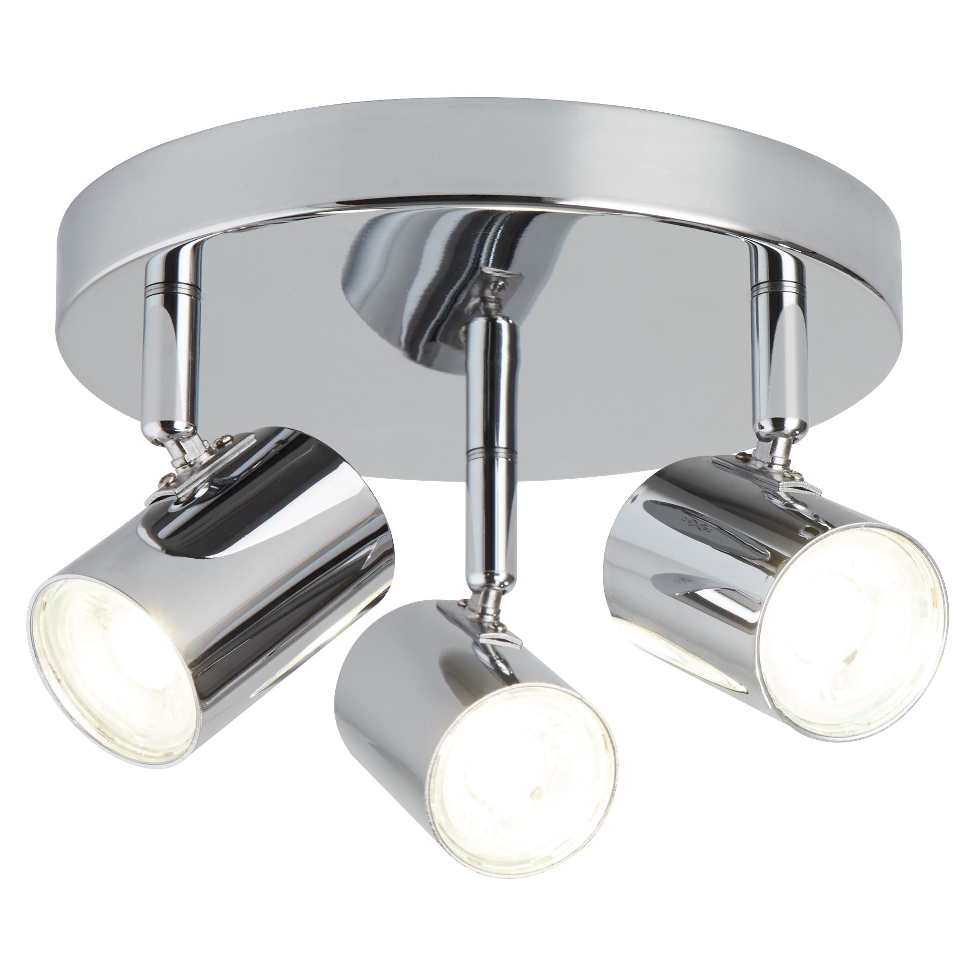 A round, chrome ceiling light fixture with three adjustable spotlights shining brightly.