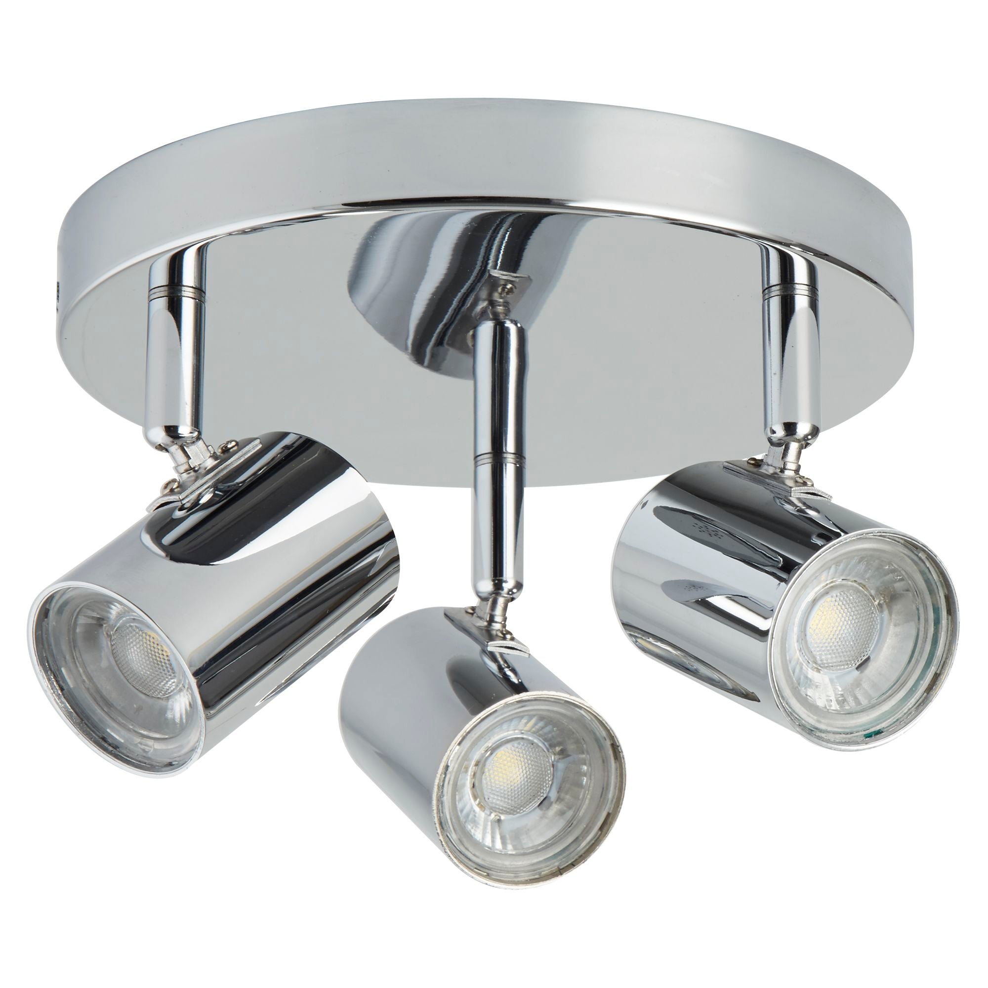 A shiny chrome ceiling light with three adjustable spotlights providing illumination.