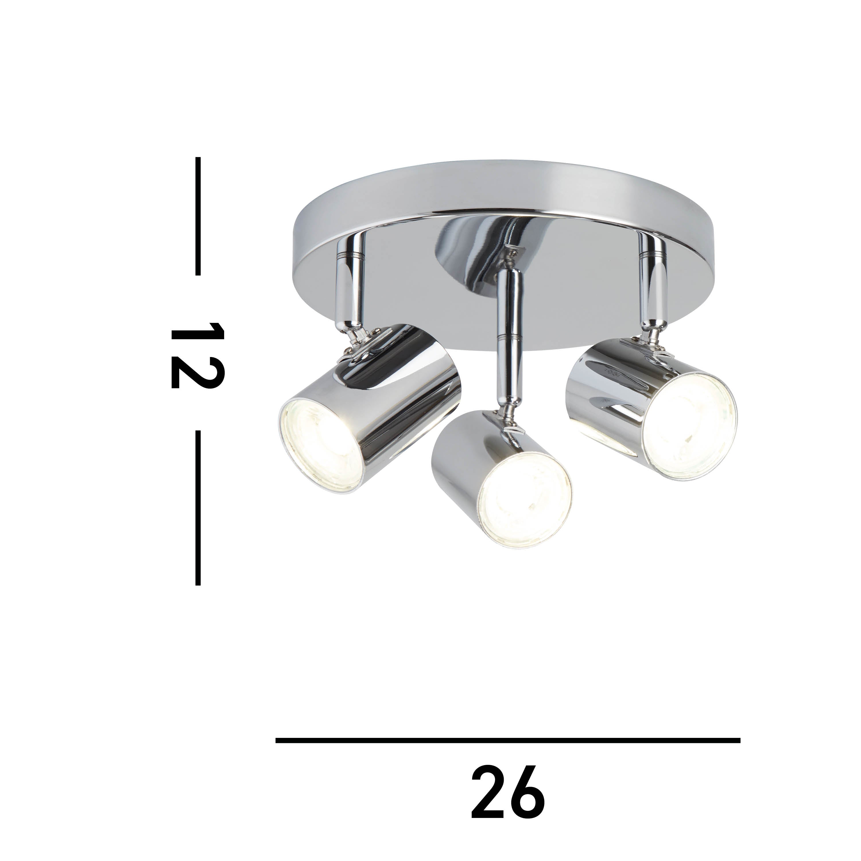 A chrome ceiling light with three spotlights, showing dimensions of 12 cm height and 26 cm width.