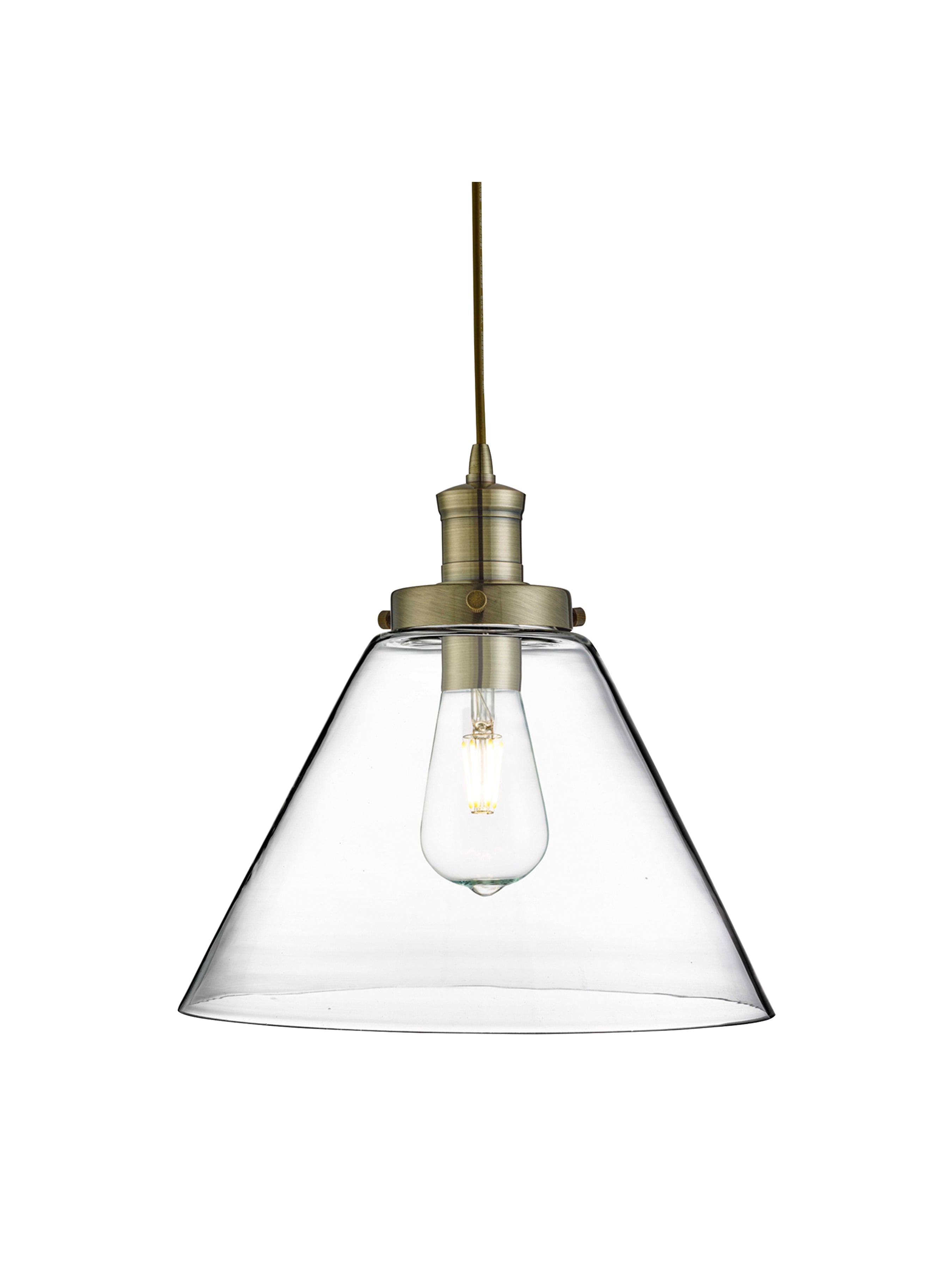 A brass and clear glass cone pendant light with an exposed filament bulb.