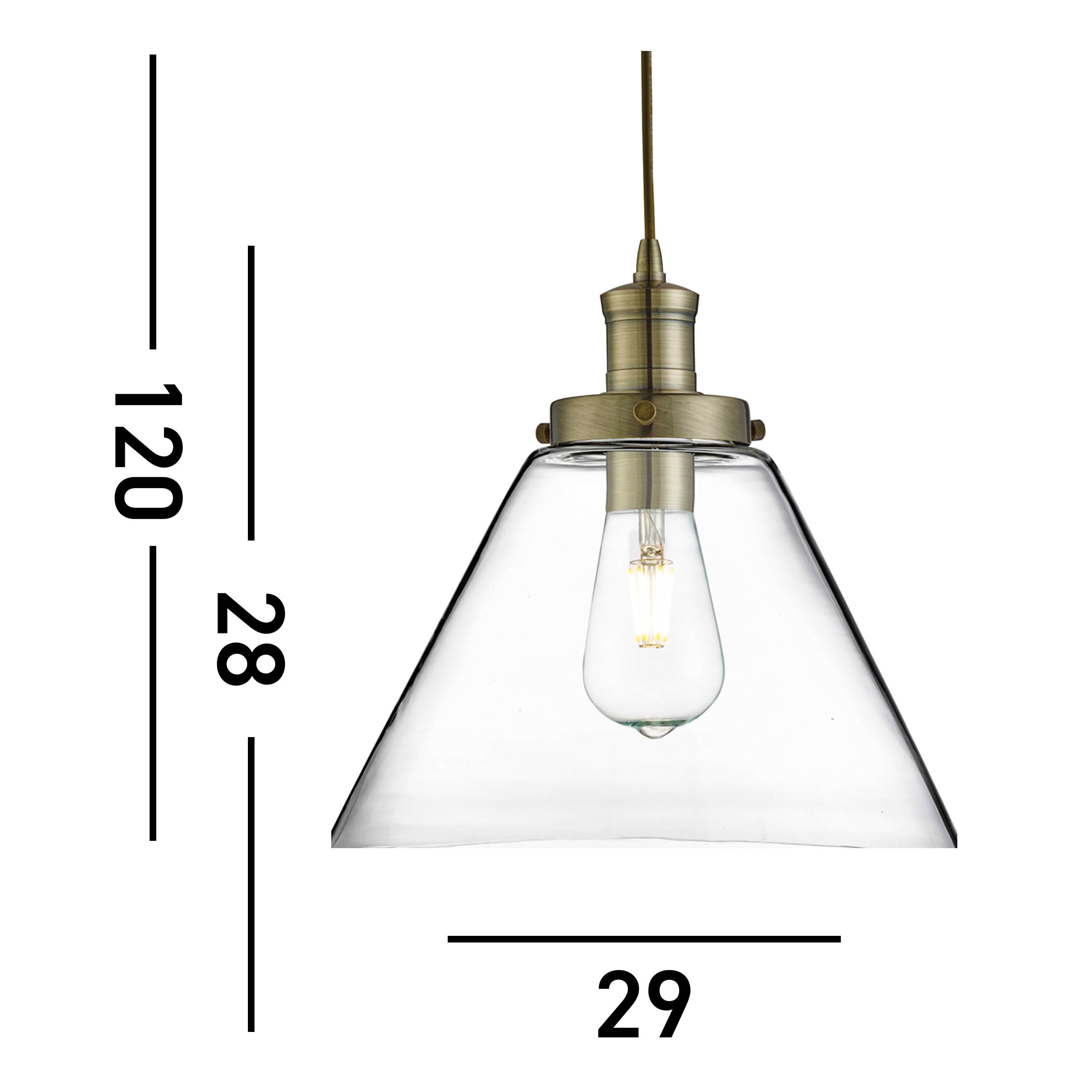 Dimensions of the brass and clear glass cone pendant light: 120cm, 28cm, 29cm.