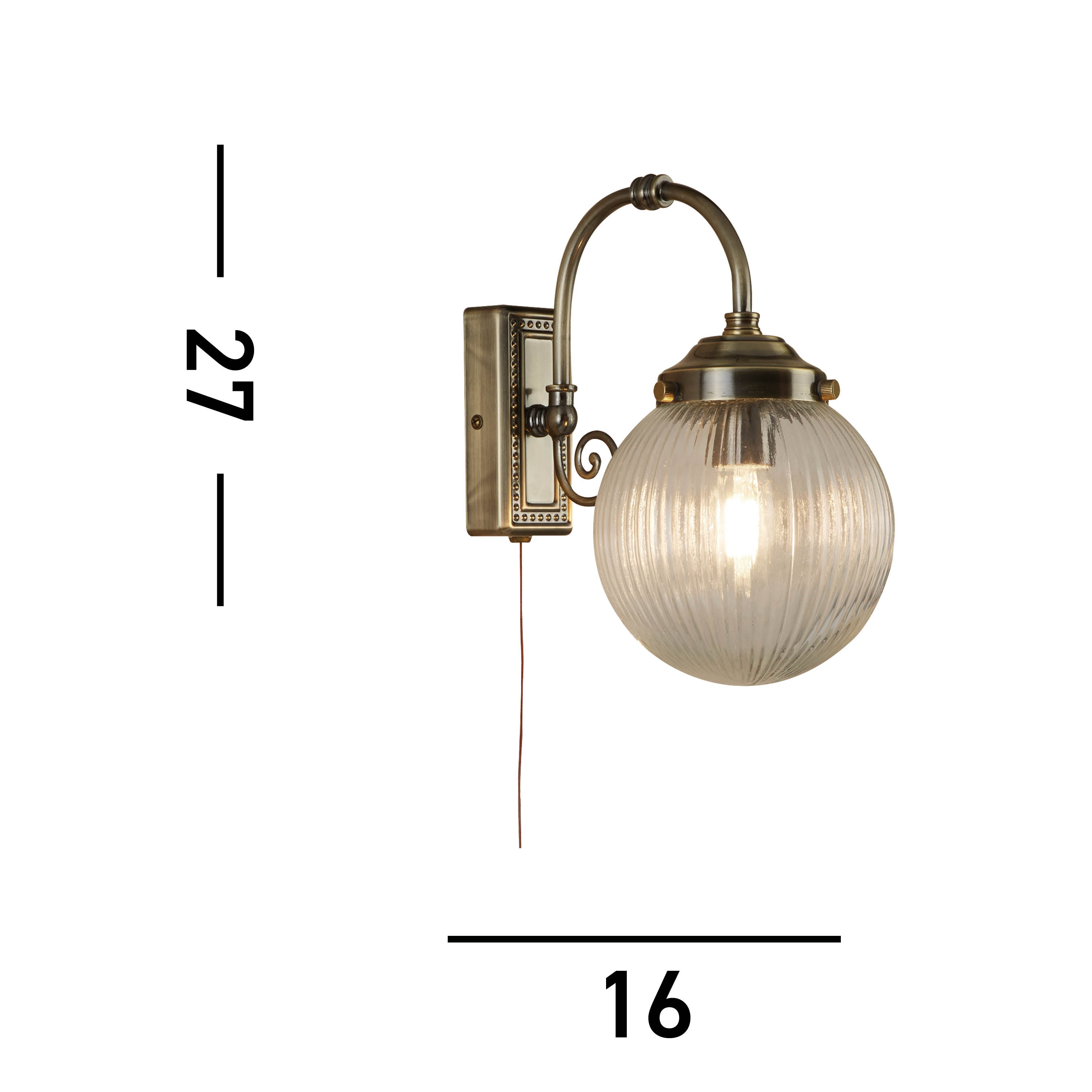Dimensions of a vintage brass wall light, 27cm height and 16cm width.