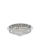 A luxurious crystal ceiling light on a white background, viewed from below.