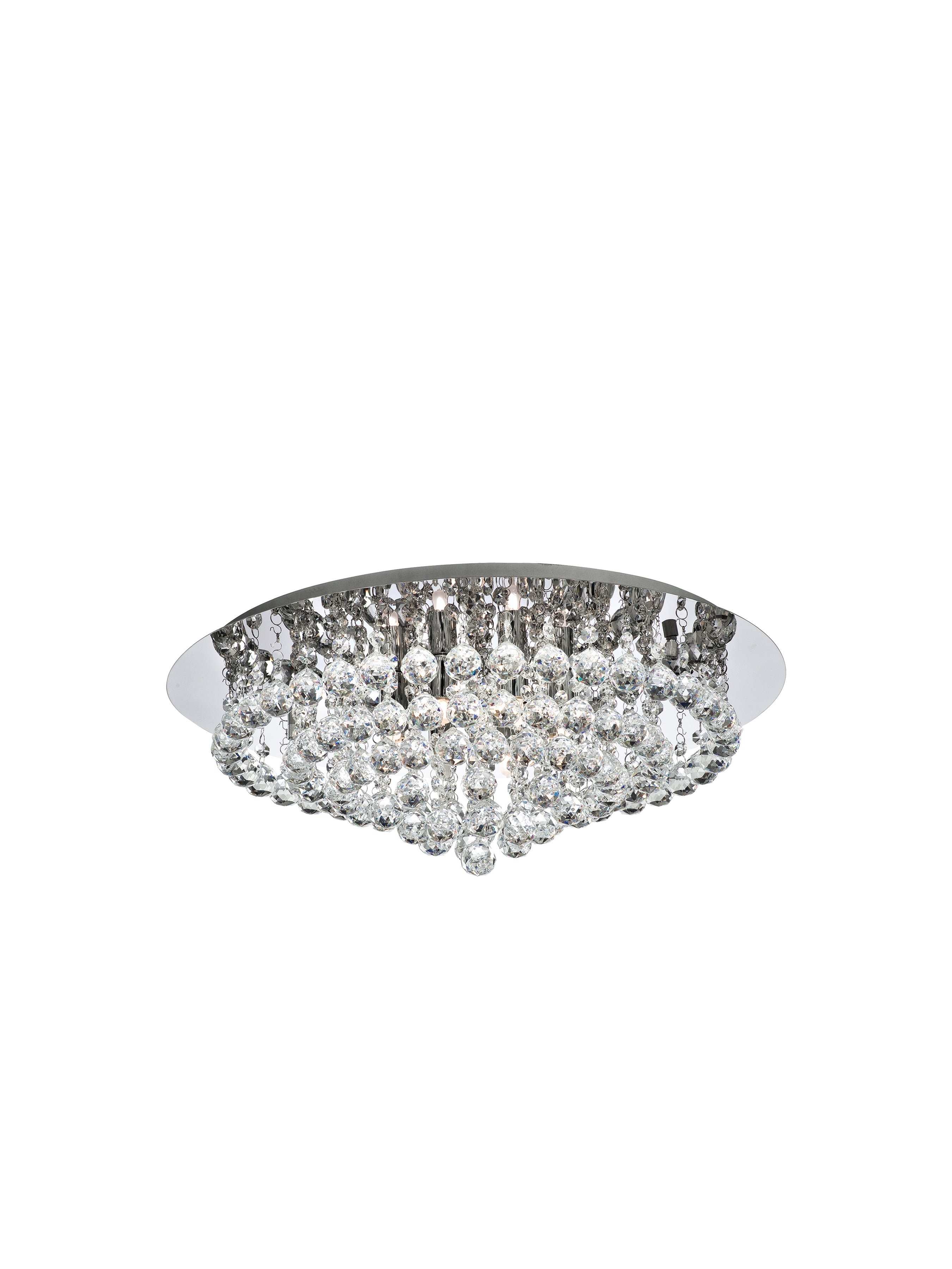 A luxurious crystal ceiling light on a white background, viewed from below.