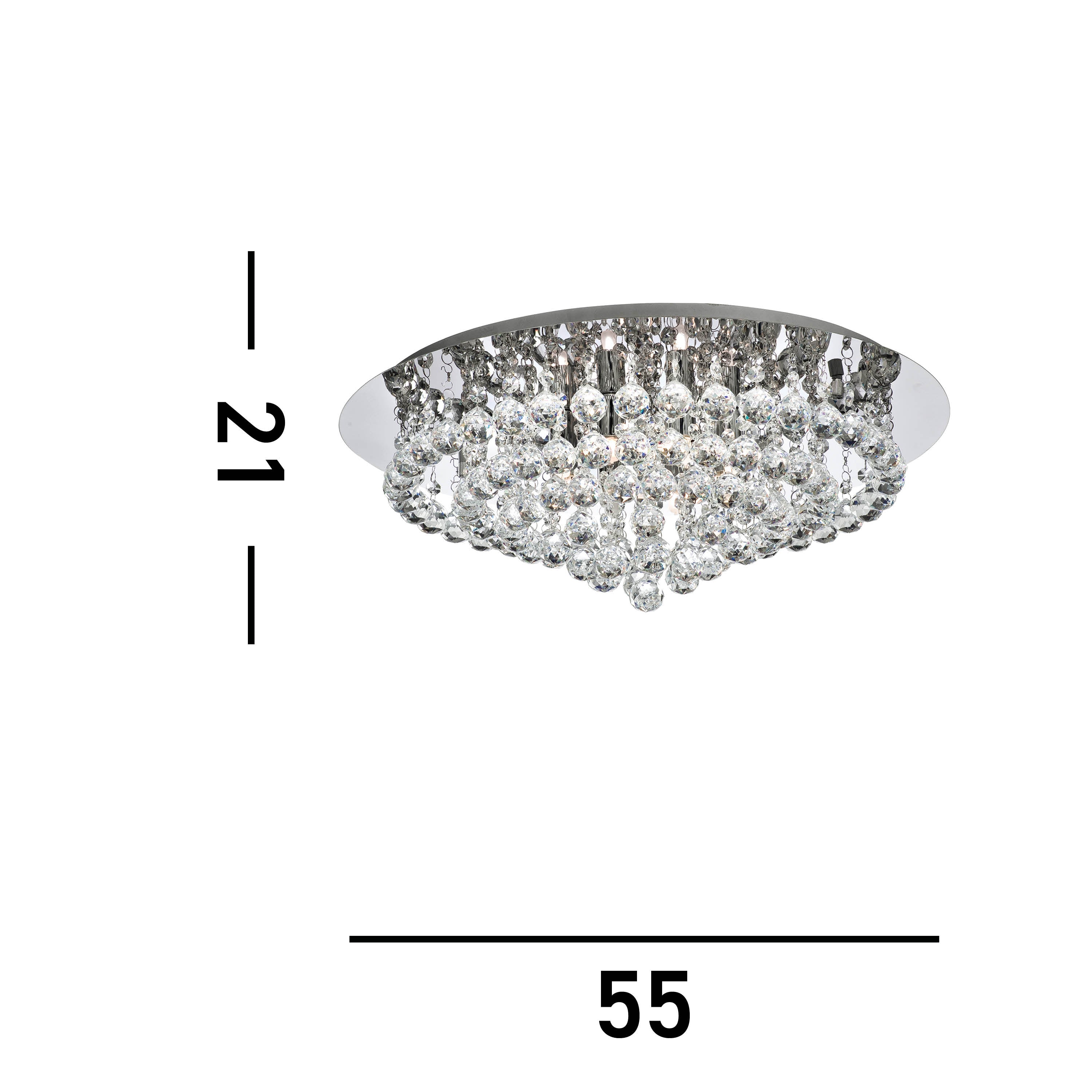 The crystal ceiling light with its dimensions of 21cm height and 55cm width.