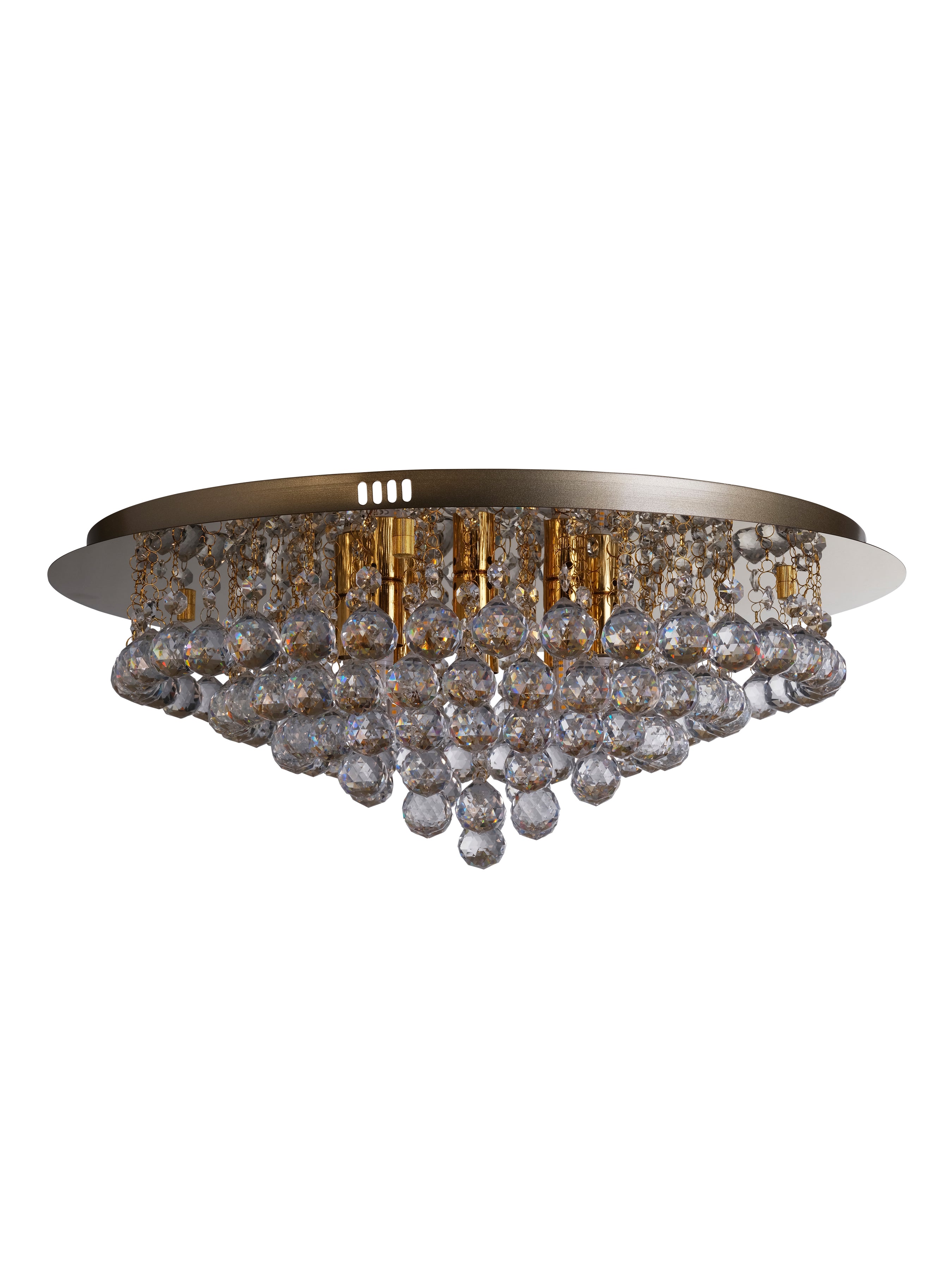 Gold crystal chandelier with sparkling clear orbs for sophisticated decor.