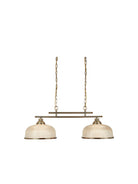 A brass light fixture with two textured white shades hanging from chains.