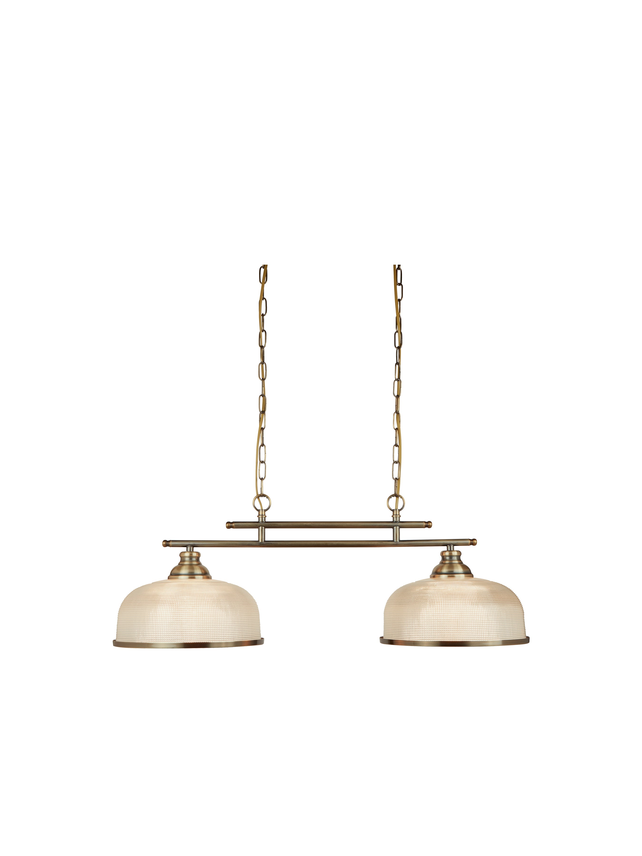 A brass light fixture with two textured white shades hanging from chains.