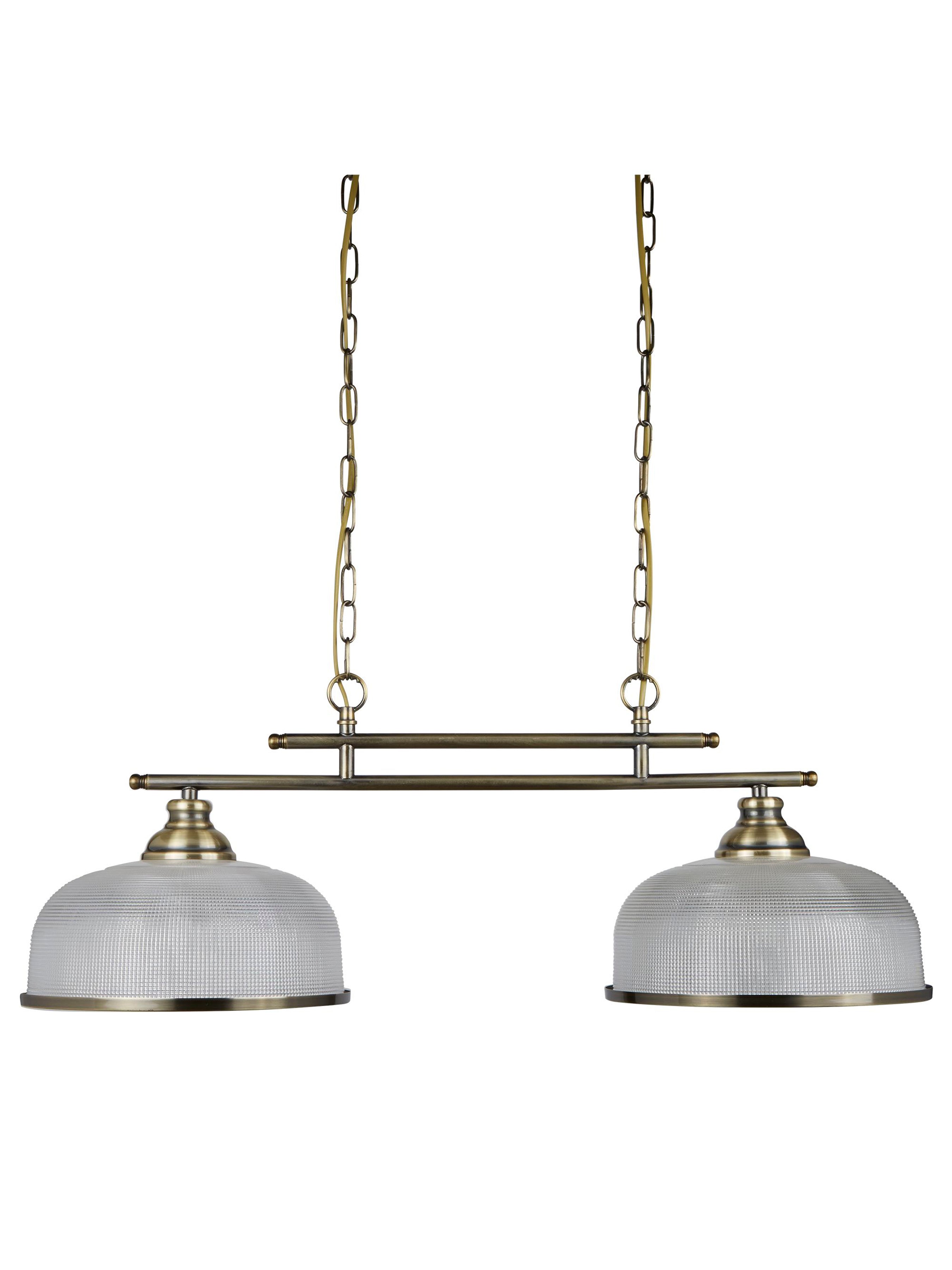 A brass light fixture with two textured white shades and chains on a white background.