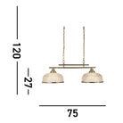 A brass light fixture with two textured white shades and dimensions.