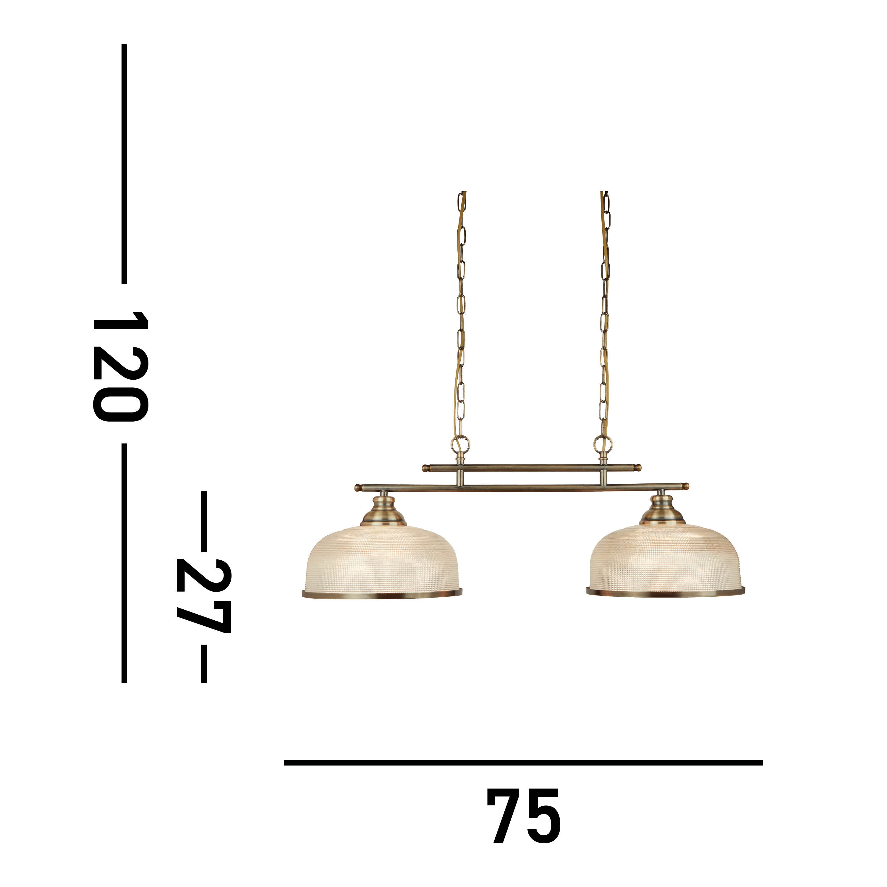 A brass light fixture with two textured white shades and dimensions.