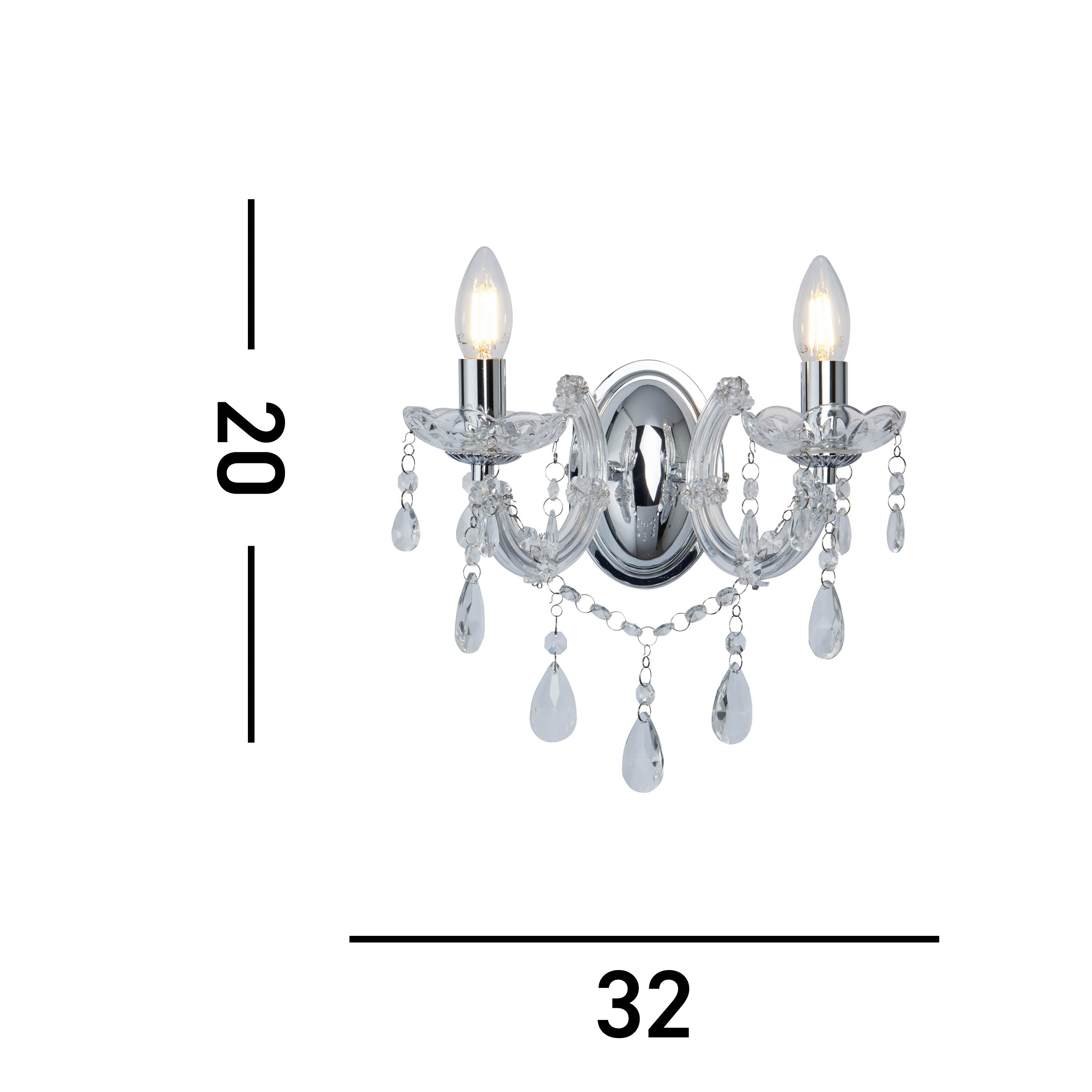 Diagram of the wall sconce showing dimensions of 20 units high by 32 units wide.
