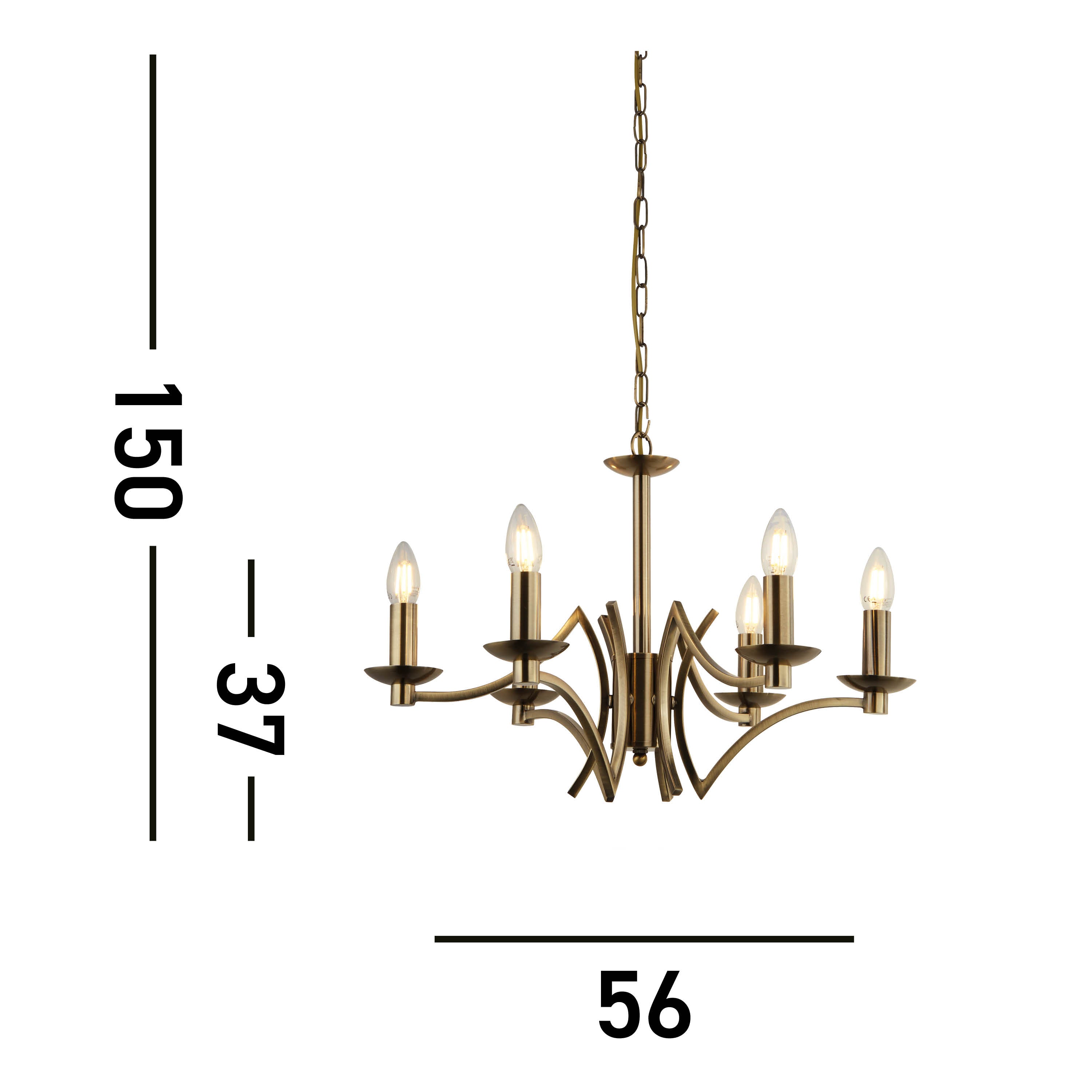 A brass chandelier with five lights and measurements for height and width.
