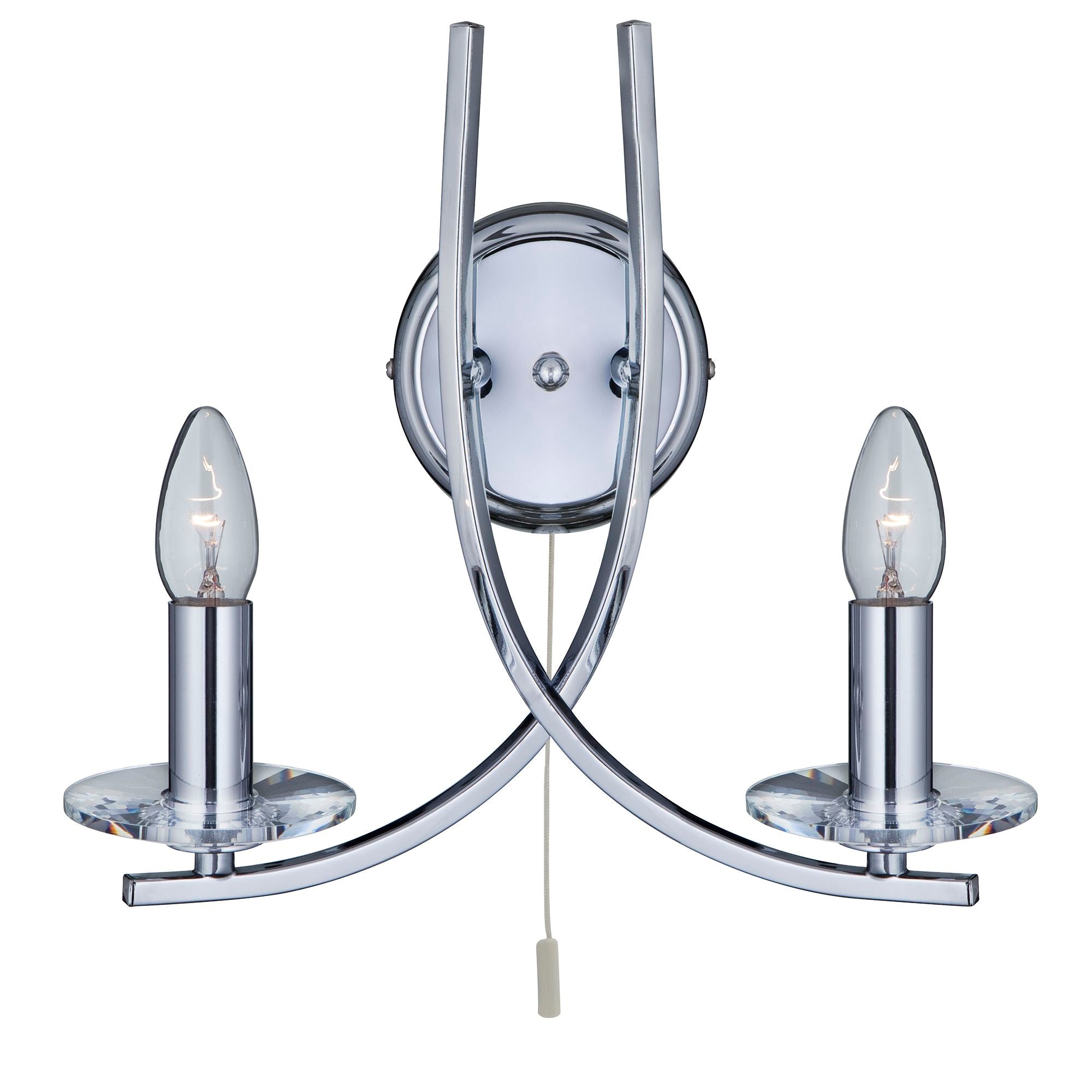 A chrome wall light with two candle-style bulbs and a pull cord switch.